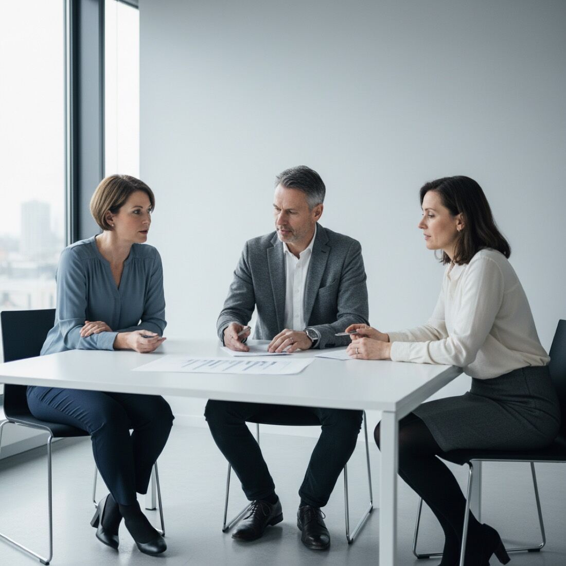 Drei Personen besprechen Unterlagen an einem Tisch